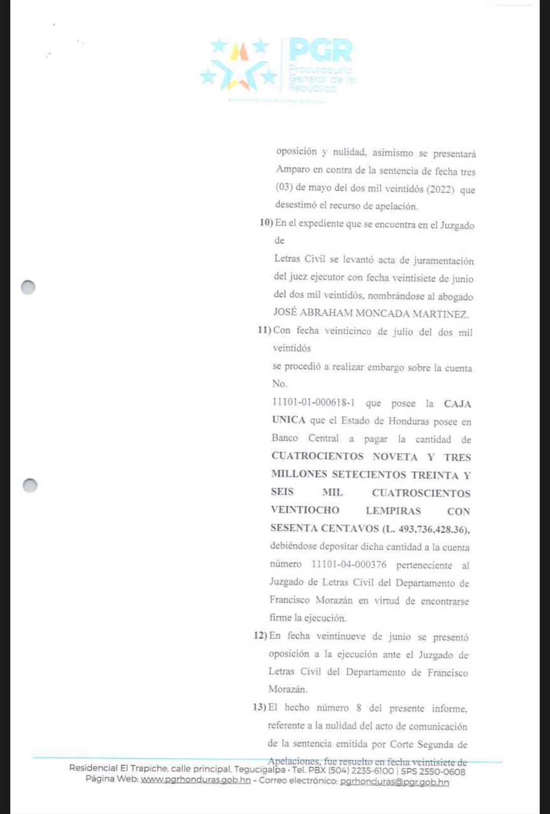 Informe remitido por parte de la PGR